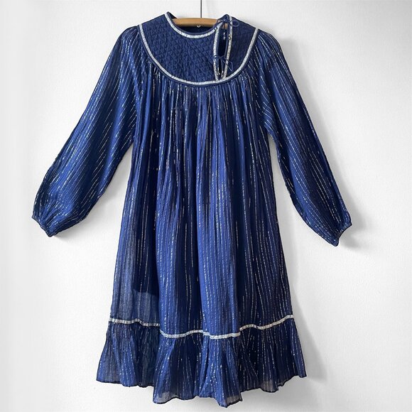 Vintage 70s 80s Silver Metal Lurex & Blue Cotton Gauze Indian Quilted Bib Dress - Picture 1 of 11